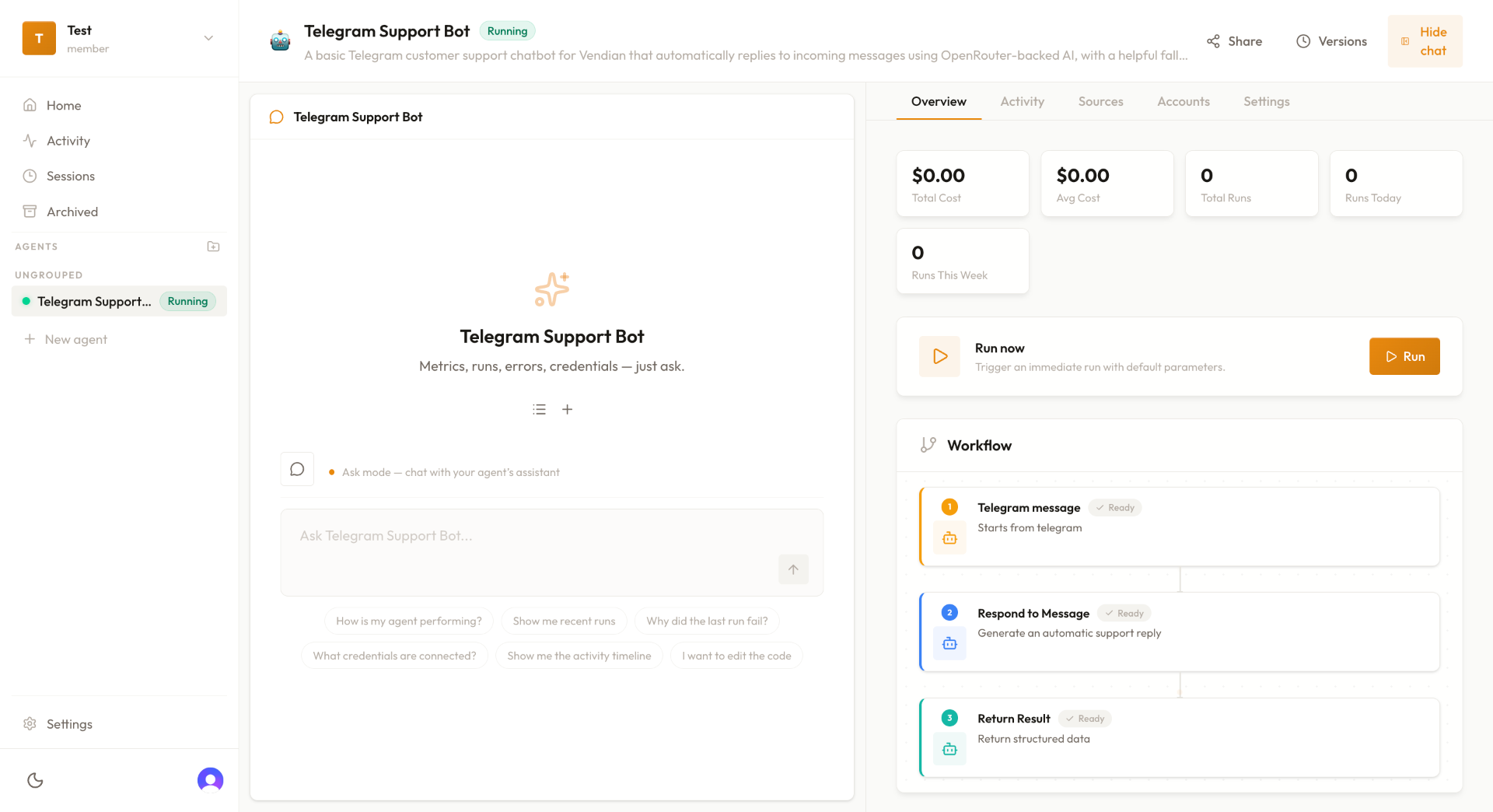 Custom dashboard for the running agent
